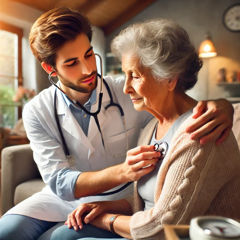 DALL·E 2024 07 08 12.43.07 An experienced nurse providing compassionate care to a frail elderly patient in a cozy home setting. The nurse is gently checking the patient'