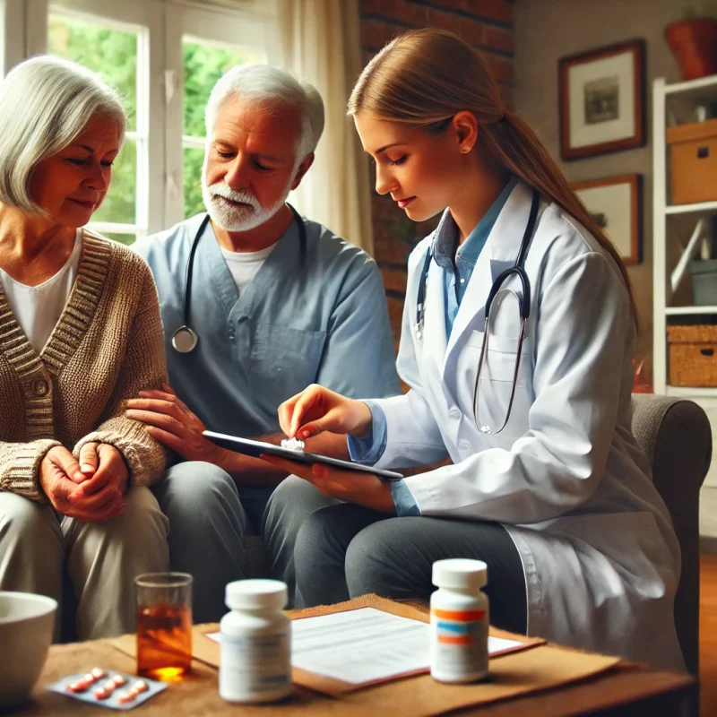DALL·E 2024 07 08 12.48.32 A nurse and a doctor providing integrated home care to a patient in a cozy living room. The nurse is administering medication while the doctor