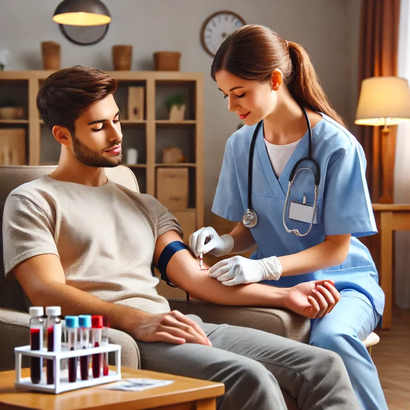 DALL·E 2024 07 08 12.49.21 A nurse performing a blood draw at a patient's home. The patient, comfortably seated, is relaxed while the nurse carefully and professionally