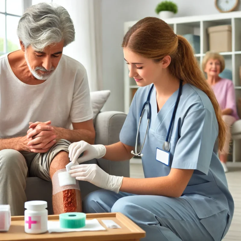 DALL·E 2024 07 08 12.49.57 A nurse performing advanced wound care at a patient's home. The nurse is carefully applying dressings to a patient's leg wound, using speciali