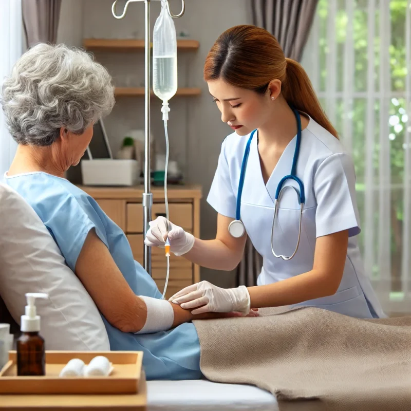 DALL·E 2024 07 08 12.52.09 A nurse managing a urinary catheter for a patient at home. The nurse is carefully inserting the catheter while the patient is lying comfortabl